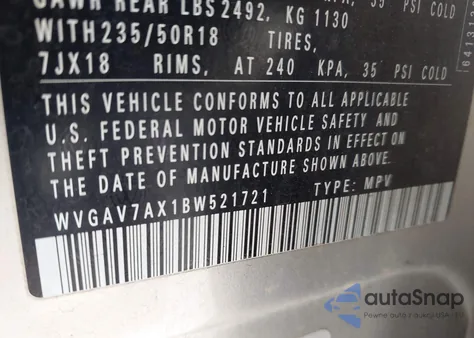 2011 Volkswagen Tiguan Se из США, поврежденный, VIN WVGAV7AX1BW521721